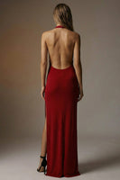 Load image into Gallery viewer, Dark Red Sheath Backless Long Halter Formal Dress with Slit