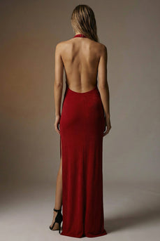 Dark Red Sheath Backless Long Halter Formal Dress with Slit