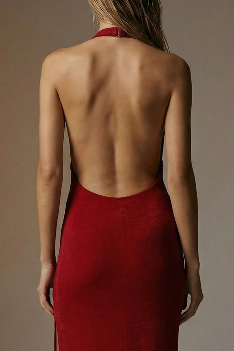 Load image into Gallery viewer, Dark Red Sheath Backless Long Halter Formal Dress with Slit