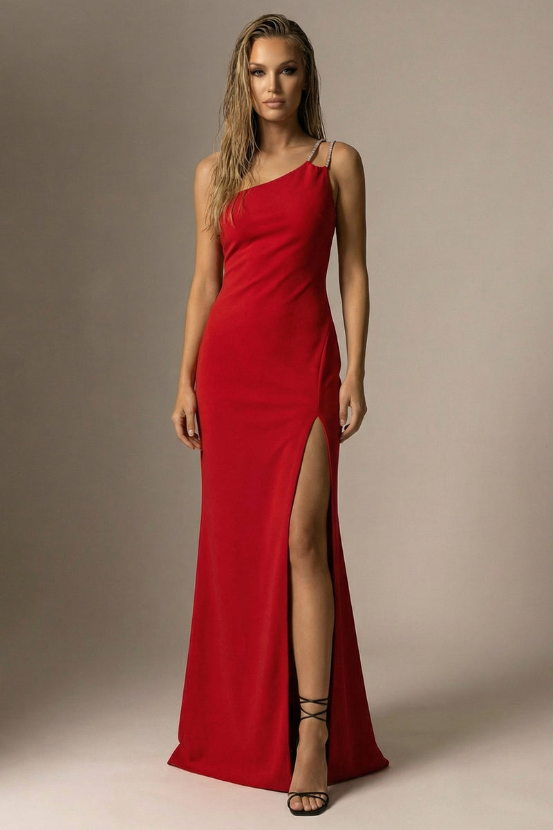 Load image into Gallery viewer, Elegant Red One Shoulder Mermaid Long Formal Dress with Slit