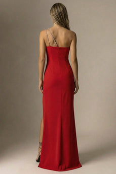 Elegant Red One Shoulder Mermaid Long Formal Dress with Slit