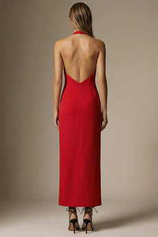 Red Sheath Halter Backless Long Formal Dress with Bow