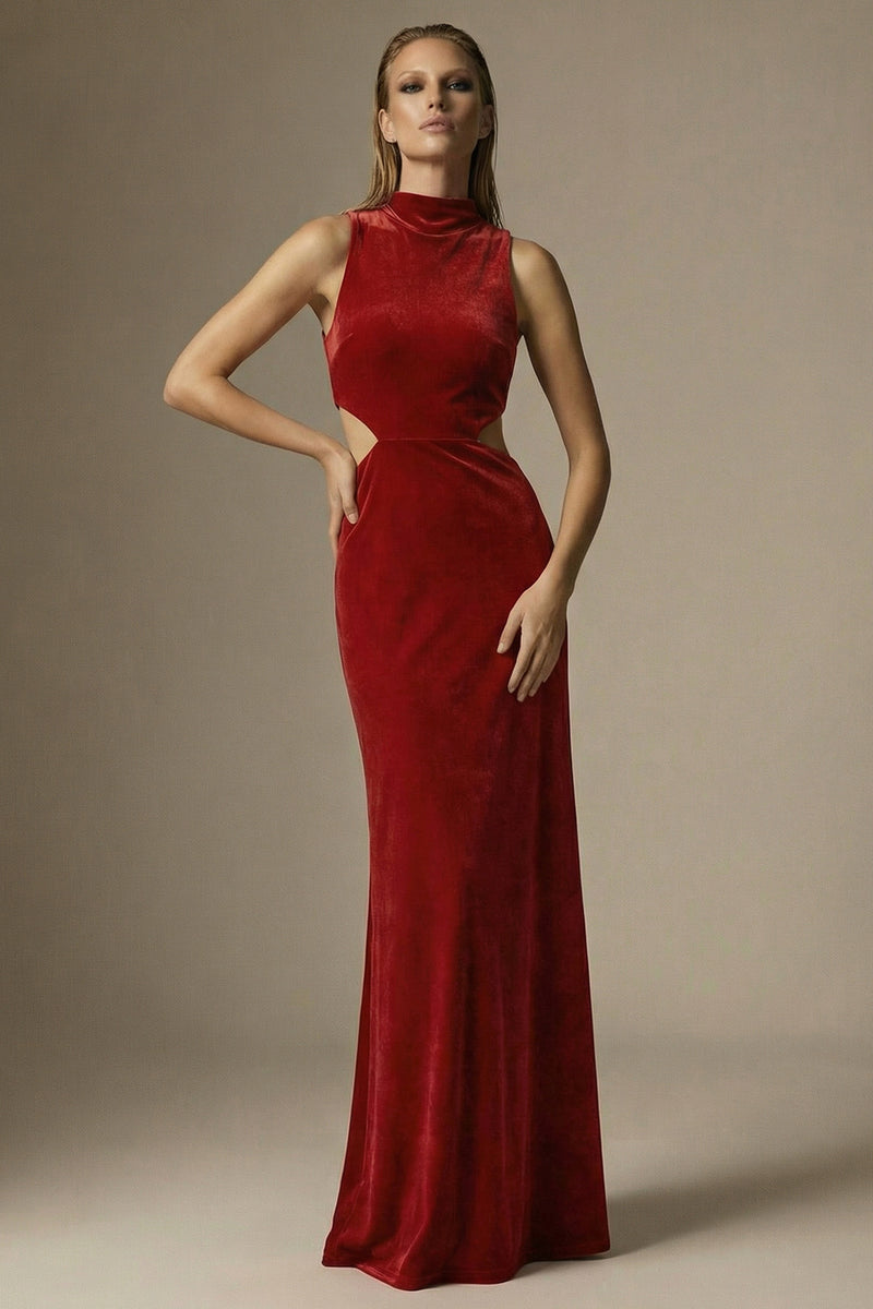 Load image into Gallery viewer, Dark Red Velvet High Neck Cut Out Sheath Long Formal Dress