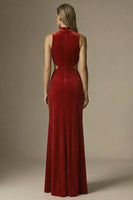 Load image into Gallery viewer, Dark Red Velvet High Neck Cut Out Sheath Long Formal Dress
