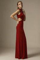 Load image into Gallery viewer, Dark Red Velvet High Neck Cut Out Sheath Long Formal Dress