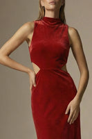 Load image into Gallery viewer, Dark Red Velvet High Neck Cut Out Sheath Long Formal Dress