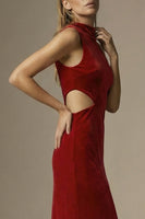 Load image into Gallery viewer, Dark Red Velvet High Neck Cut Out Sheath Long Formal Dress