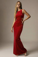 Load image into Gallery viewer, Dark Red Velvet Cut Out Round Neck Mermaid Long Formal Dress