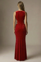 Load image into Gallery viewer, Dark Red Velvet Cut Out Round Neck Mermaid Long Formal Dress