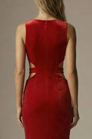 Load image into Gallery viewer, Dark Red Velvet Cut Out Round Neck Mermaid Long Formal Dress