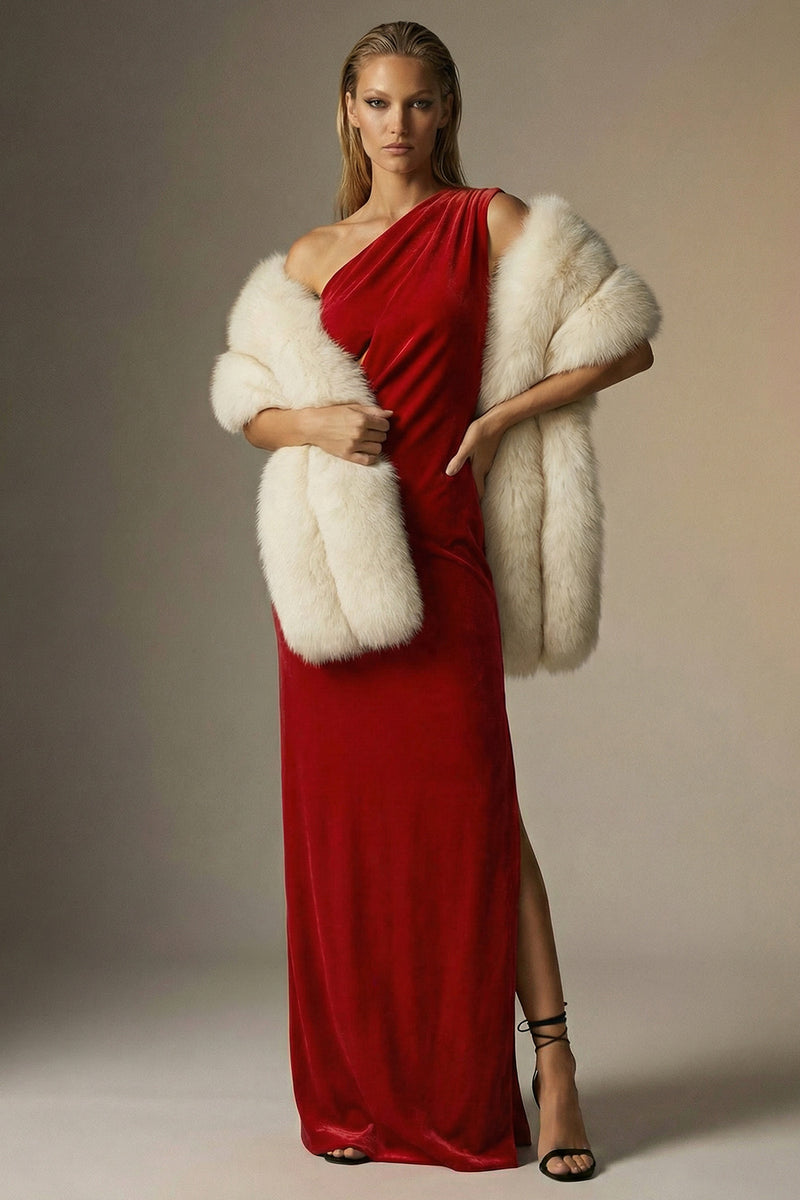 Load image into Gallery viewer, Dark Red Velvet One Shoulder Sheath Long Formal Dress with Slit