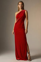 Load image into Gallery viewer, Dark Red Velvet One Shoulder Sheath Long Formal Dress with Slit
