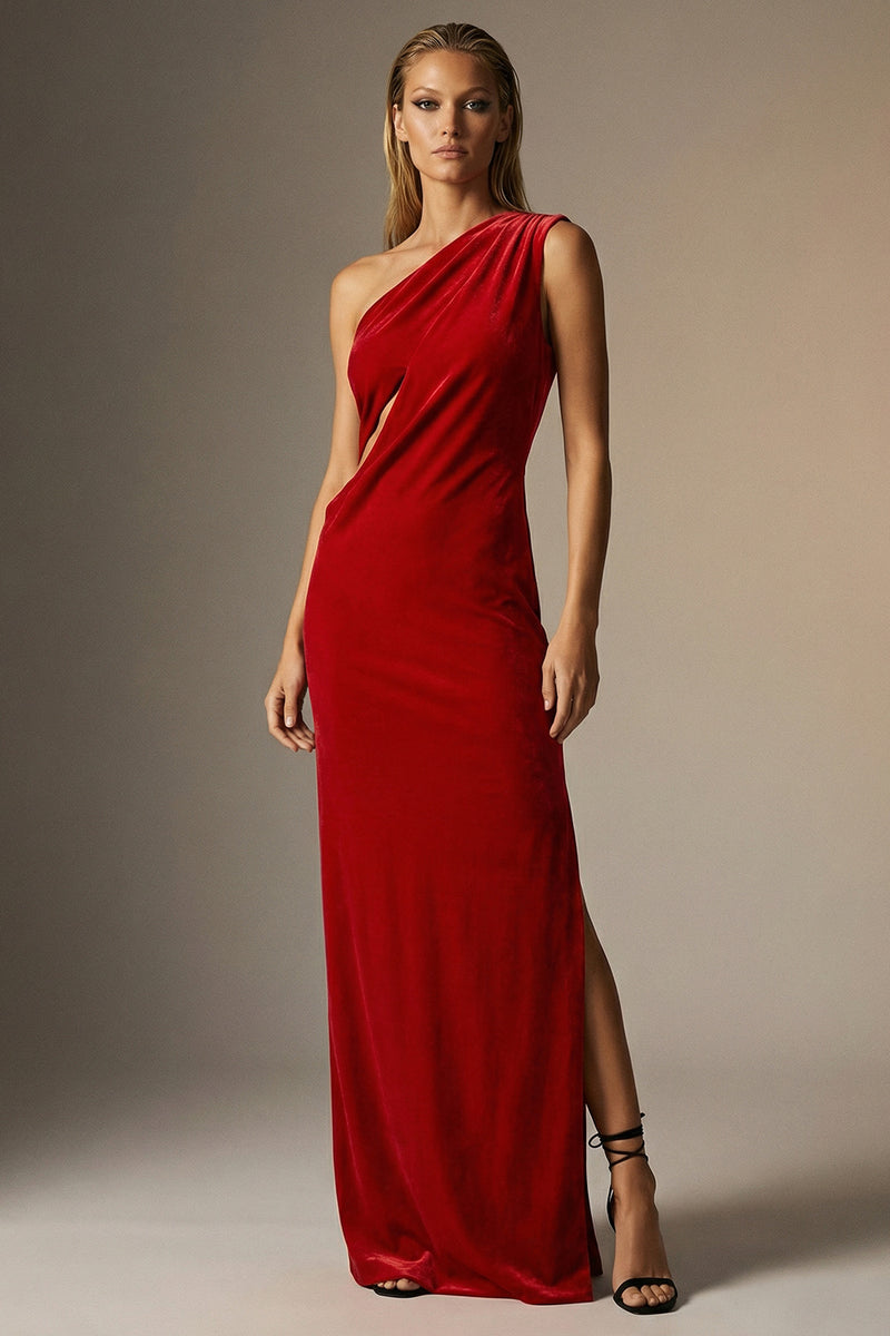 Load image into Gallery viewer, Dark Red Velvet One Shoulder Sheath Long Formal Dress with Slit