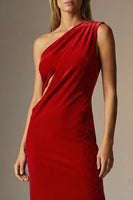 Load image into Gallery viewer, Dark Red Velvet One Shoulder Sheath Long Formal Dress with Slit