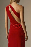 Load image into Gallery viewer, Dark Red Velvet One Shoulder Sheath Long Formal Dress with Slit