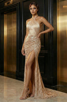 Load image into Gallery viewer, Sparkly Champagne Sequin Halter Mermaid Long Prom Dress with Slit