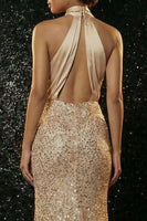 Load image into Gallery viewer, Sparkly Champagne Sequin Halter Mermaid Long Prom Dress with Slit