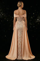 Load image into Gallery viewer, Sparkly Champagne Off the Shoulder Mermaid Long Corset Prom Dress with Slit