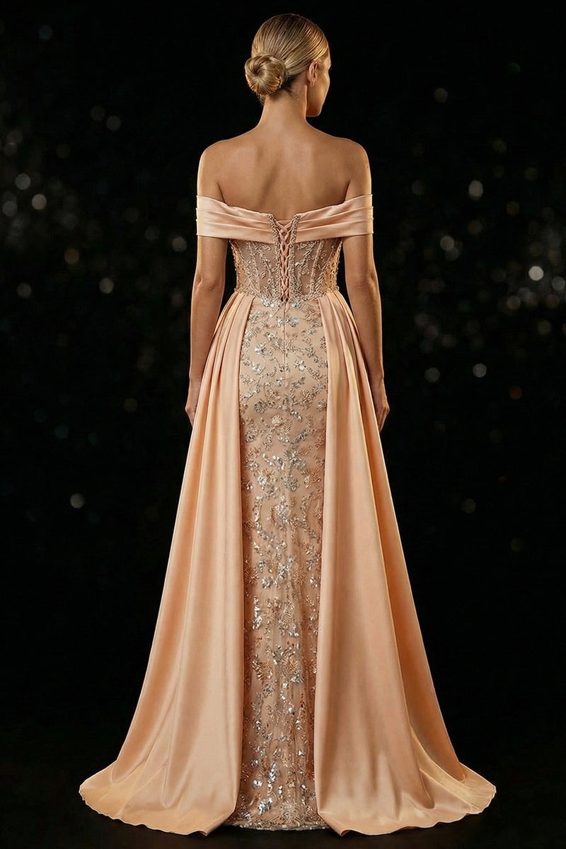Load image into Gallery viewer, Sparkly Champagne Off the Shoulder Mermaid Long Corset Prom Dress with Slit