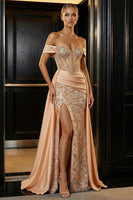 Load image into Gallery viewer, Sparkly Champagne Off the Shoulder Mermaid Long Corset Prom Dress with Slit