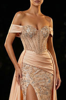 Load image into Gallery viewer, Sparkly Champagne Off the Shoulder Mermaid Long Corset Prom Dress with Slit