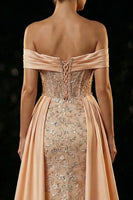 Load image into Gallery viewer, Sparkly Champagne Off the Shoulder Mermaid Long Corset Prom Dress with Slit
