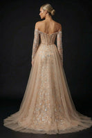 Load image into Gallery viewer, Sparkly Champagne Sheath Sequin Off the Shoulder Long Corset Prom Dress with Slit