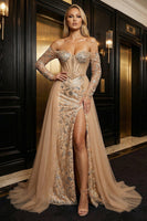Load image into Gallery viewer, Sparkly Champagne Sheath Sequin Off the Shoulder Long Corset Prom Dress with Slit