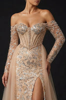 Load image into Gallery viewer, Sparkly Champagne Sheath Sequin Off the Shoulder Long Corset Prom Dress with Slit