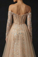 Load image into Gallery viewer, Sparkly Champagne Sheath Sequin Off the Shoulder Long Corset Prom Dress with Slit