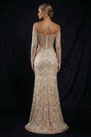 Load image into Gallery viewer, Sparkly Champagne Mermaid Off the Shoulder Long Corset Prom Dress with Slit