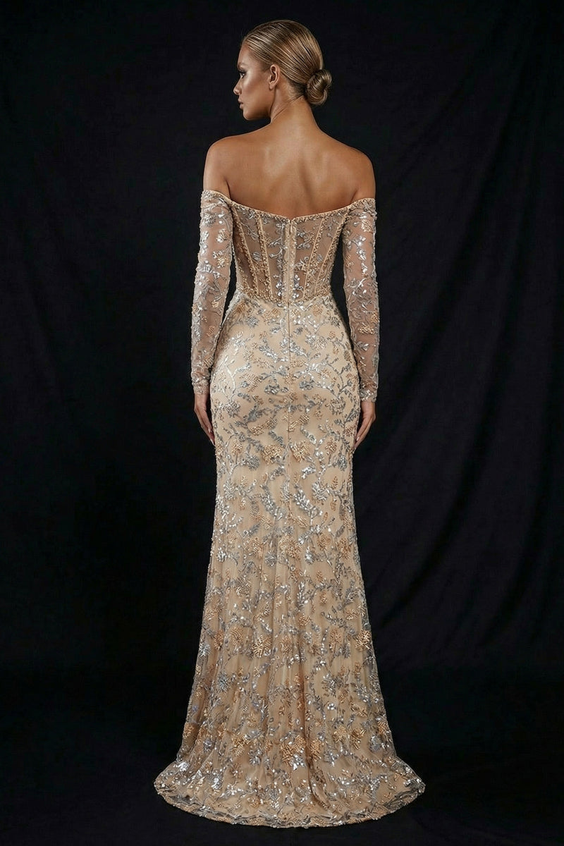 Load image into Gallery viewer, Sparkly Champagne Mermaid Off the Shoulder Long Corset Prom Dress with Slit