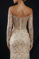 Load image into Gallery viewer, Sparkly Champagne Mermaid Off the Shoulder Long Corset Prom Dress with Slit