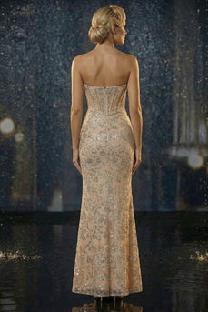 Sparkly Champagne Sweetheart Mermaid Long Corset Prom Dress