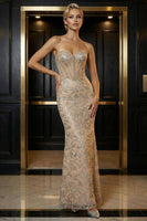 Load image into Gallery viewer, Sparkly Champagne Sweetheart Mermaid Long Corset Prom Dress