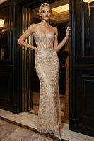 Load image into Gallery viewer, Sparkly Champagne Sweetheart Mermaid Long Corset Prom Dress