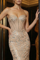 Load image into Gallery viewer, Sparkly Champagne Sweetheart Mermaid Long Corset Prom Dress