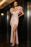 Load image into Gallery viewer, Floral Pink Thick Straps Sheath Long Corset Prom Dress with Ruffles