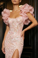 Load image into Gallery viewer, Floral Pink Thick Straps Sheath Long Corset Prom Dress with Ruffles