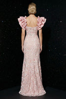 Load image into Gallery viewer, Floral Pink Sheath High-Low Corset Prom Dress with Ruffles