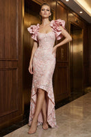 Load image into Gallery viewer, Floral Pink Sheath High-Low Corset Prom Dress with Ruffles