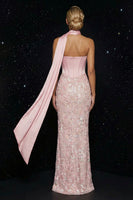 Load image into Gallery viewer, Pink Satin Mermaid Corset Neck Scarf Long Floral Prom Dress with Slit