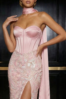 Load image into Gallery viewer, Pink Satin Mermaid Corset Neck Scarf Long Floral Prom Dress with Slit
