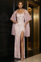 Load image into Gallery viewer, Floral Pink Sheath Spaghetti Straps Long Corset Prom Dress with Slit