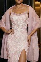 Load image into Gallery viewer, Floral Pink Sheath Spaghetti Straps Long Corset Prom Dress with Slit