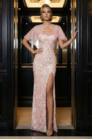 Load image into Gallery viewer, Floral Pink Corset Spaghetti Straps Long Sheath Prom Dress with Slit