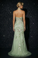 Load image into Gallery viewer, Floral Green Halter Appliqued Long Corset Prom Dress with Slit