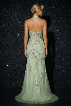 Floral Green Halter Appliqued Long Corset Prom Dress with Slit