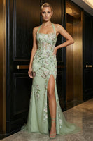Load image into Gallery viewer, Floral Green Halter Appliqued Long Corset Prom Dress with Slit