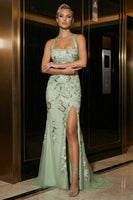 Load image into Gallery viewer, Floral Green Halter Appliqued Long Corset Prom Dress with Slit